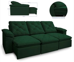 Sofá Reclinável Retrátil 3 Lugares 290cm Verus Veludo Verde - Sheep Estofados - Verde escuro