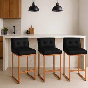 Banqueta Cozinha Alta com Encosto Industrial Kit 3 Bronze Lirina PU Preto C05 - D'Rossi