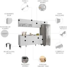 Armário de Cozinha Com Tampo CP03 250cm Pérola Branco Z34     - Mpozen