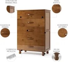 Cômoda Quarto 81cm Madeira Pinus 5 Gavetas Carl Imbuia Z25 - Mpozenato