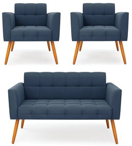 Kit 1 Sofá Namoradeira e 2 Poltronas Elisa Suede Pés Palito Castanho - D'Rossi - Azul Marinho