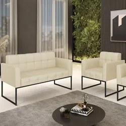 Sofá Namoradeira e 1 Poltrona Base Industrial Preto Ana Veludo Luxo Of