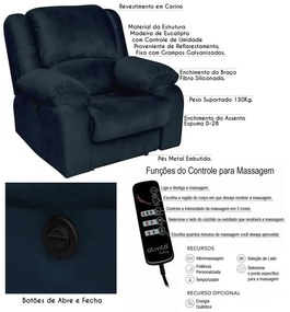 Poltrona do Papai Reclinável Elétrica com Massagem Magnum Veludo Azul Clássico G23 - Gran Belo