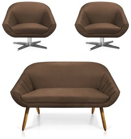 Kit 01 Namoradeira 02 Lugares e 02 Poltronas Giratória Giovana Suede Base Cromada - D'Rossi - Marrom