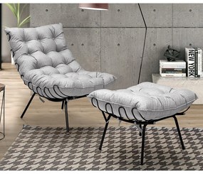 Conjunto Decorativo Poltrona e Puff Abel Base de Ferro Preto Linho Cinza G41 - Gran Belo