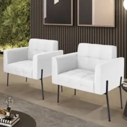 Poltrona Sala Pé Metal Preto Kit 2 Ana Sintético Branco - Ibiza