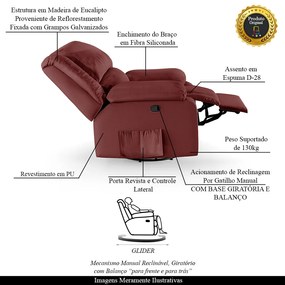Poltrona do Papai Reclinável Sala de Cinema Madrid Glider Manual Giratória PU Vermelho  G23