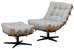 Poltrona + Puff Costela Linho Cinza com Base X Preta Estrutura Madeira Natural - 69169 Sun House