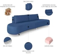 Sofá 3 Lugares 220cm Orgânico Pé Ferro Nagai Veludo Azul Z55 - Mpozena