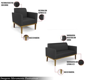 Conjunto 2 Poltronas e 1 Namoradeira Decorativa Isabella Pés Fixo em Madeira Castanho PU Preto G19 - Gran Belo