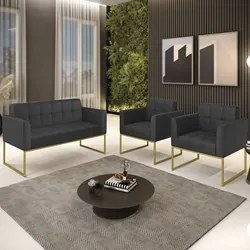 Sofá Namoradeira e 2 Poltronas Base Industrial Dourado Ana Sintético P