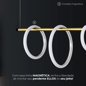 Pendente Ellos Com Haste Fixa 04 Argolas Magnéticas 120X100X30Cm Led 5... (Preto / Champanhe)