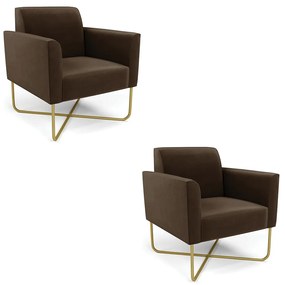 Kit 2 Poltronas Base X Industrial Dourado Marisa Suede Marrom D03 - D'Rossi