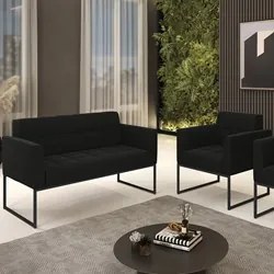Sofá Namoradeira e 1 Poltrona Base Industrial Preto Ana Suede Preto -