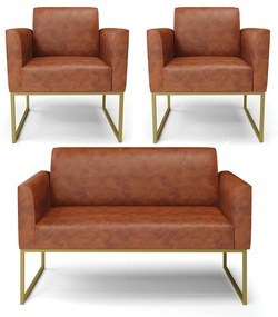 Sofá Namoradeira com 2 Poltronas Base Industrial Dourado Marisa Corano D03 - D'Rossi - Nozes