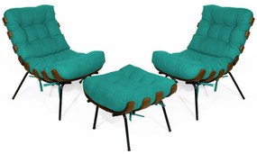 Kit 2 Poltronas Decorativa Costela Com Puff Costela Suede Azul Tiffany