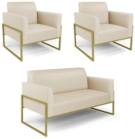 Sofá Namoradeira com 2 Poltronas Base Industrial Alta Dourado Marisa Corino Bege