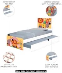 Cama Solteiro Infantil Com Auxiliar 188x88cm Circo K06 - Mpozenato