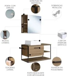 Gabinete Banheiro Yuri Com Cuba e Espelheira Click Mel Z54  - Mpozenat