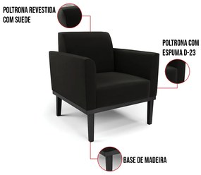 Poltrona Base de Madeira Fixa Preto Marisa Suede  D03 - D'Rossi - Preto