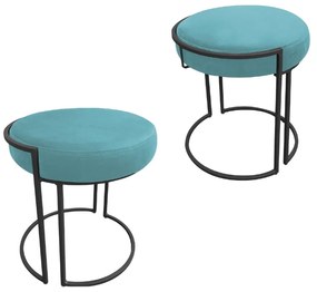 Puff Redondo Base Industrial Preto Kit 2 Love Suede - Azul Turquesa
