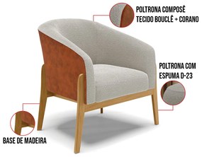 Poltrona e Puff Decorativo Base Madeira Stella PU Nozes/Bouclê D03 - D'Rossi - Cinza