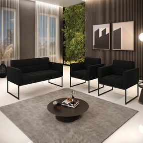 Kit 1 Sofá Namoradeira e 2 Poltronas Elisa Suede Base Metálica Industrial Preto - D'Rossi - Preto