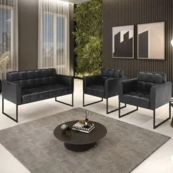 Sofá Namoradeira e 2 Poltronas Base Industrial Preto Ana Sintético PU