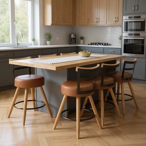 Banqueta Baixa Cozinha 50cm Encosto Pé Madeira Kit 6 Kyara Pu S02 - D'Rossi - Caramelo