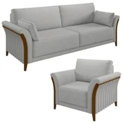 Kit Sofá Living 3 Lugares e Poltrona 102cm Pés Madeira Roya Z32 Linho