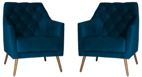 Kit 2 Poltronas Atena Decorativa Botonê Pés Palito Veludo Azul Marinho