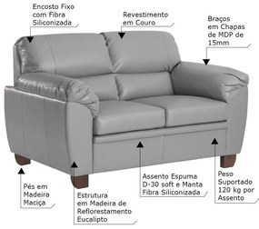 Sofá 2 Lugares Sala de Estar Pés em Madeira Nauru Couro Cinza G43 - Gran Belo