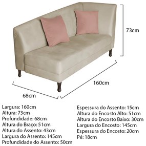 Divã Recamier Heitor 160cm com Almofada Lado Esquerdo Suede - ADJ Decor