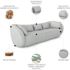 Sofá 3 Lugares 272cm Orgânico Pé Madeira Yume Bouclê Cinza Z55 - Mpoze