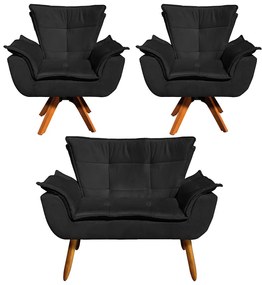 Sofá Namoradeira e 2 Poltronas Giratória MM30 Opala Suede D03 - D'Rossi - Preto