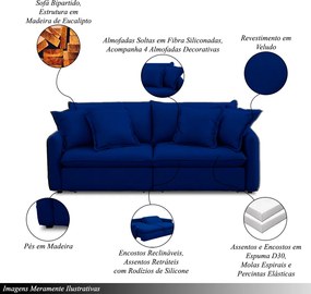 Sofá Bipartido 230cm Retrátil Reclinável Almofadas Caixa Zero Sydney Veludo Azul G93 - Gran Belo