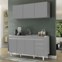 Armário Cozinha e Balcão Com Pia 150cm Marrocos Cinza      - Lumil