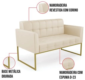 Kit 1 Sofá Namoradeira e 1 Poltrona Elisa Corino Base Metálica Industrial Dourado D03 - D'Rossi - Bege