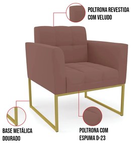 Kit 1 Sofá Namoradeira e 1 Poltrona Elisa Veludo Base Metálica Industrial Dourado D03 - D'Rossi - Rose