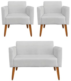 Conjunto Namoradeira e 2 Poltronas Decorativas Isabella Pés Palito Madeira Suede Cinza G19 - Gran Belo