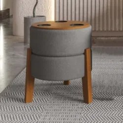 Puff Redondo Decorativos 38cm Pés Madeira Nilo Boucle Cinza E05 - Mpoz