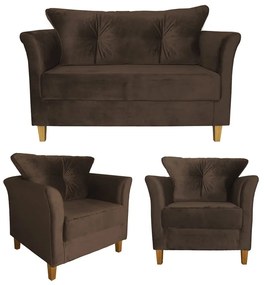 Kit Sofá Namoradeira + 2 Poltronas Ibis Decorativa Suede Marrom