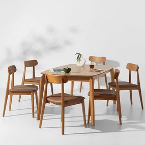 Conjunto Mesa de Jantar Lalá Retangular Carvalho Americano - 1,60mx90cm + 6 Cadeira Nord Encosto Madeira PU - Cognac