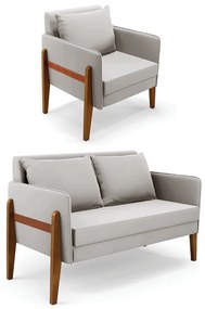 Kit 1 Sofá Namoradeira e 1 Poltrona Lana Veludo Base de Madeira - D'Rossi - Cinza