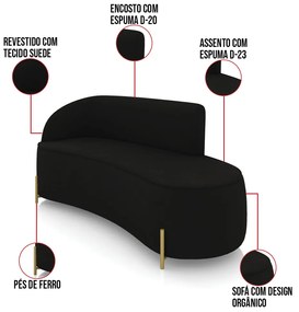Sofá 3 Lugares Orgânico 180cm Pé Dourado Morgan Suede D03 - D'Rossi - Preto
