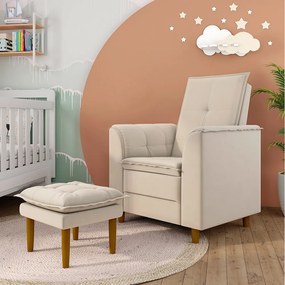 Poltrona de Amamentação Quarto de Bebê Gracy com Puff Pés Palito Veludo Bege G85 - Gran Belo