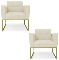 Poltrona Base Industrial Dourado Kit 2 Ana Linho Bege - Ibiza