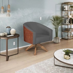 Poltrona Luiza Base Giratória de Madeira Corano Nozes e Linho Cinza Escuro - ADJ Decor