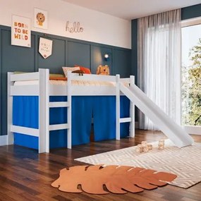 Cama Infantil Elevada com Escorregador Branco e Cortina Azul Completa Móveis
