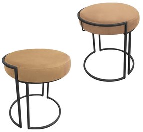 Puff Redondo Base Industrial Preto Kit 2 Love Suede - Caramelo Sisal